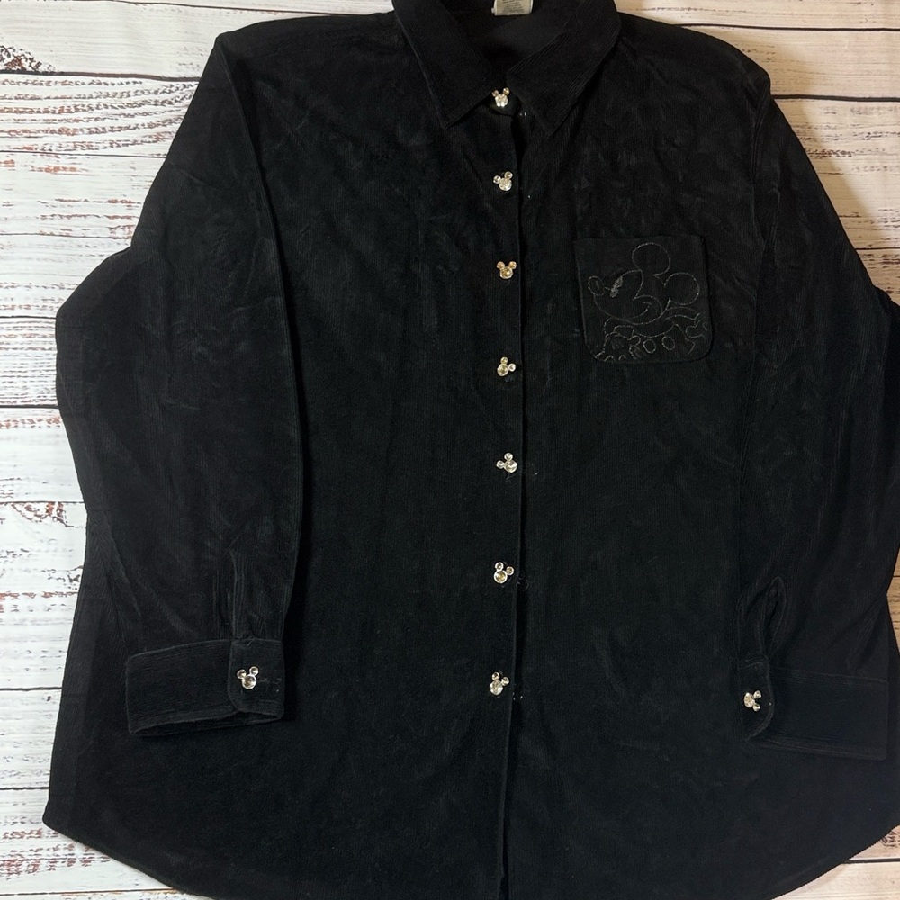 The Disney Store Black Soft Mickey Mouse Shirt L Embroidered Crystal Buttons